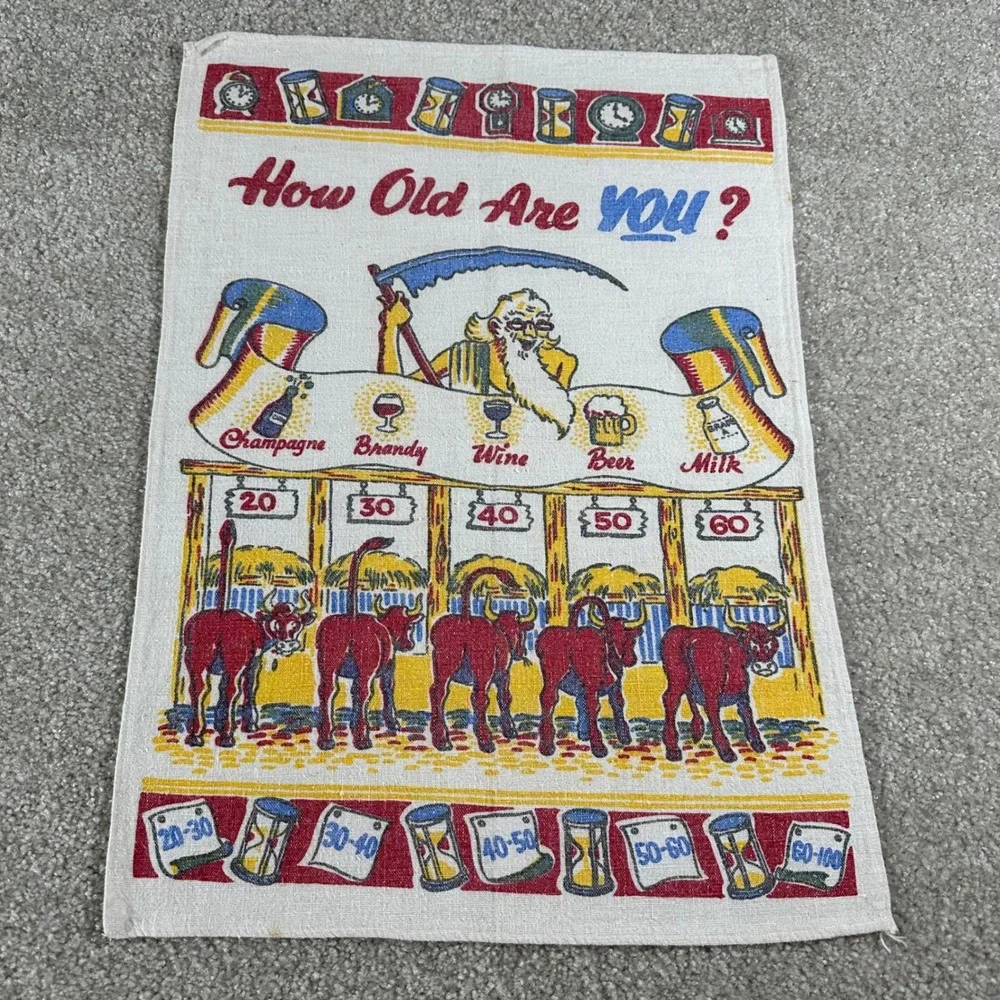Vintage How Old‎ Are You Humor Tea Towel Father Time Cows Linen Bar Decor Retro